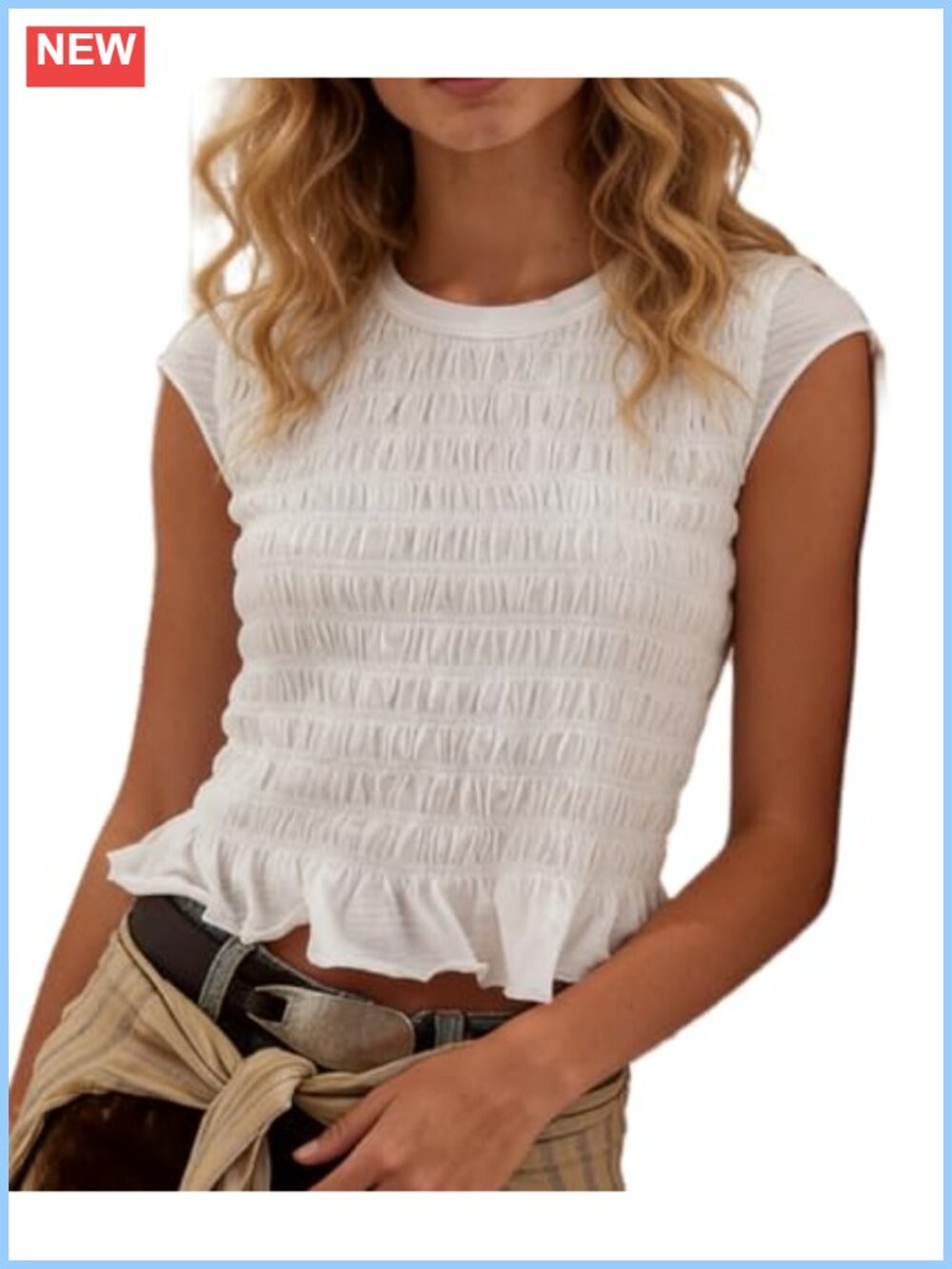 Smocked Ruffle Top Womens Cotton Crewneck Cap Sleeve Shirred Crop Tee